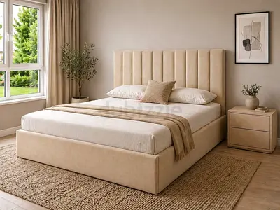 Brand New Beige Upholstered queen Bed with Headboard and Storage