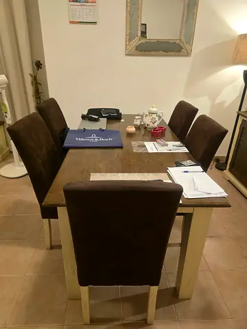 Wooden Dining Table with 6 Upholstered Chairs - Solid, Good Condition
