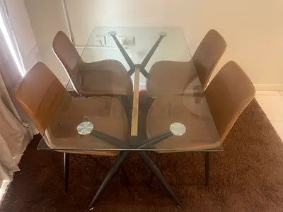 Glass Top Dining Table with 4 Brown Chairs