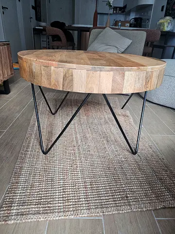 Solid Mango Wood Round Coffee Table with Black Metal Legs