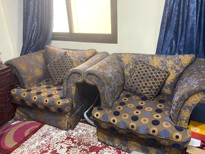 Pair of 2-Seater Sofas 3 Seater  and 2 single sofa in Blue-Gold Pattern — Good Used Condition