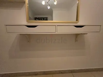 Wall-mounted shelves floating console table with two drawers - White
