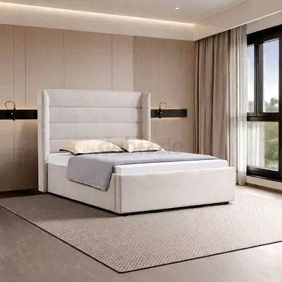 Light Grey Upholstered Double Bed with High Headboard