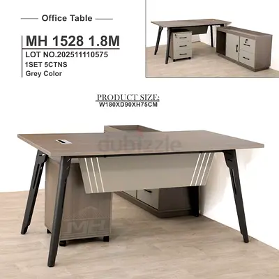 Modern L-shaped Office Desk with Storage Cabinet - Grey, 1.8m
