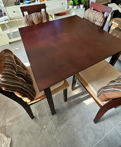Solid Wood 4-Seater Dining Table with Cushioned Chairs - Dark Brown
