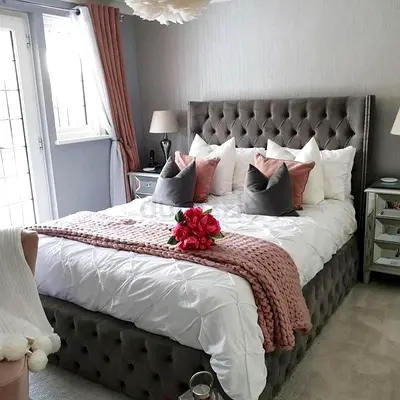 Tufted Velvet King Size Bed Frame with Headboard — Grey