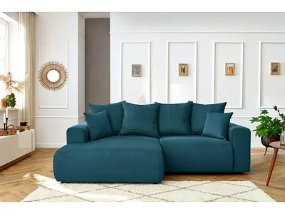 Teal L-shaped Fabric Sofa with Ottoman — Good Condition