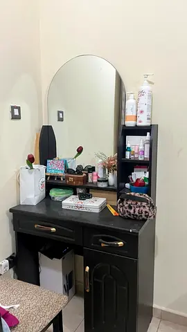 Black Wooden Dressing Table with Mirror and Shelves — Good Condition