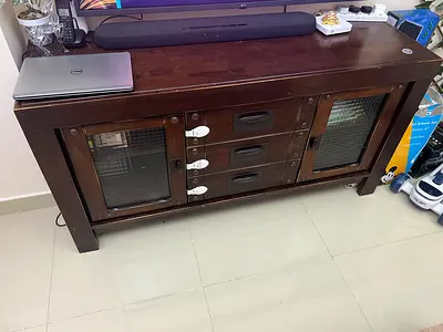 Dark Wood TV Console / Sideboard with Glass Doors and Drawers