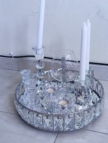 crystal candle holders and mirrored tray