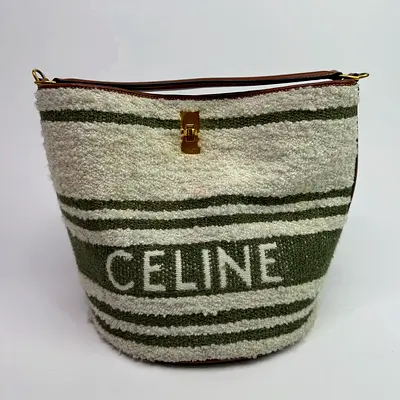 AUTHENTIC CELINE STRIPED TWEED AND LEATHER 16 BUCKET BAG