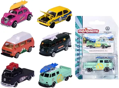 Set of 6 Majorette Mini Die-Cast VW Camper  Classic Cars — Assorted Beach/Adventure Designs
