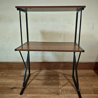 Compact 2-Tier Wooden Study/Computer Desk with Metal Frame