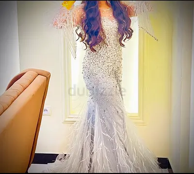 Silver sequin feathered mermaid evening gown — size not labeled