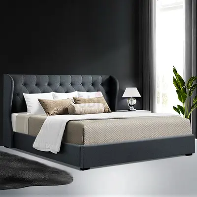 Upholstered Grey King Size Bed with Tufted Headboard