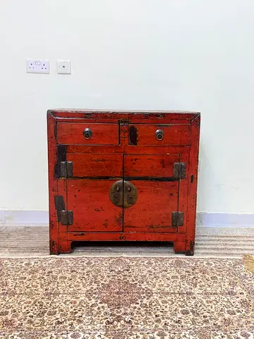 Authentic Red Lacquered Chinese Cabinet – Vintage 20th Century Oriental Storage Piece