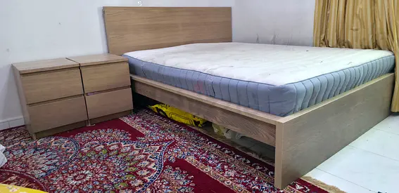 Queen wooden bed frame with mattress and matching bedside drawers