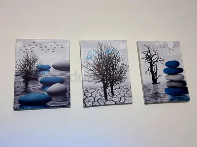 Set of 3 Modern Blue  Grey Canvas Wall Art Panels — Tree and Stone Motif