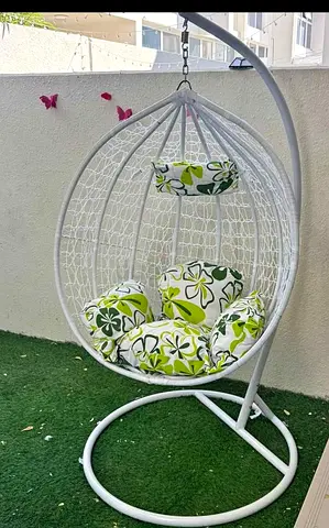 White Hanging Egg Chair with Stand and Cushions