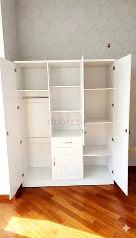White 3-Door Wardrobe with Shelves and Drawers - Good Condition
