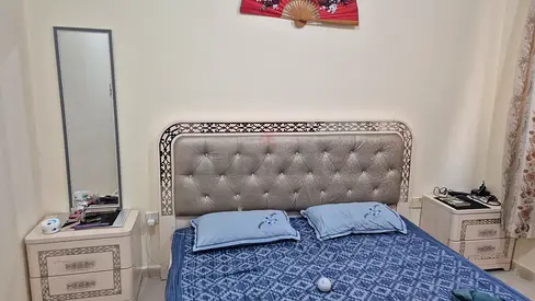 Queen Bed with Upholstered Headboard and Matching Nightstands - Good Condition