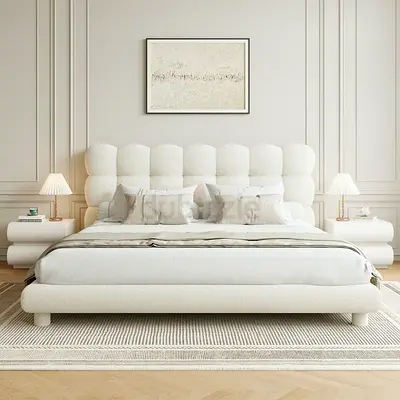 Modern upholstered king-size bed with padded headboard (cream)
