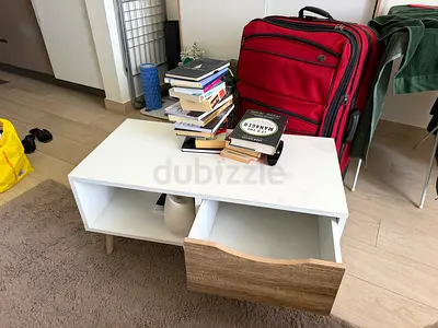 White Wooden Coffee Table with Drawer — Good Condition with small damage on the surface