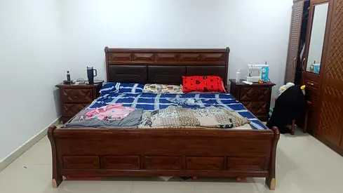 Solid Wood King Size Bed with Two Matching Nightstands - Good Condition