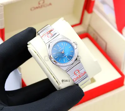 Omega Constellation Ladies Stainless Steel Master Copy Watch with Blue Dial and stones Bezel