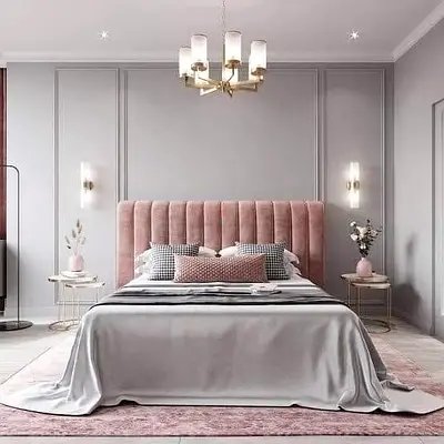 Queen upholstered bed with pink velvet headboard with out side tables