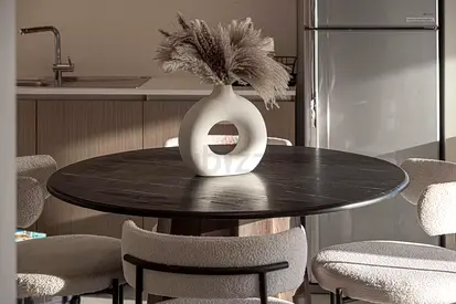 Round Black Marble Dining Table with 4 Upholstered Chairs - Modern Set