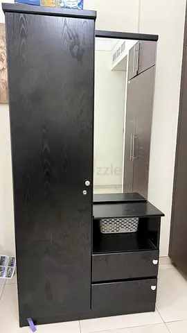 Black Wardrobe with Mirror and Drawers - Good Condition