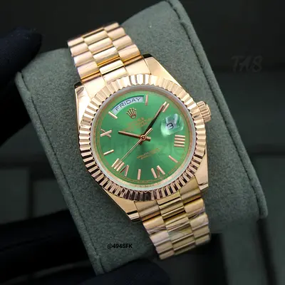 Rolex-style Men’s Gold Tone Automatic Watch with Green Dial (Day-Date Style)