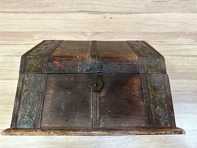 Vintage Carved Wooden Chest / Jewelry Box with Metal Inlay