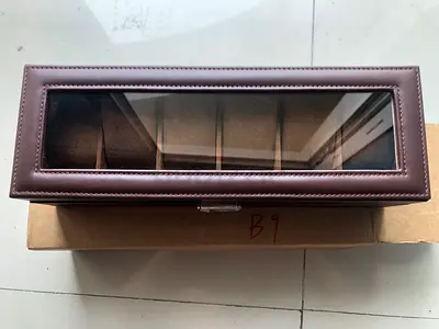 Brown leather 6-slot watch /bracelet storage box with glass lid