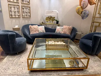 2XL Furniture “Blue Velvet Curved Sofa Set with Glass  Gold Coffee Table”