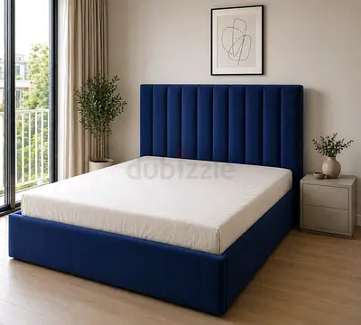 Brand New Upholstered queen Bed Frame with Vertical Channel Headboard - Navy Blue