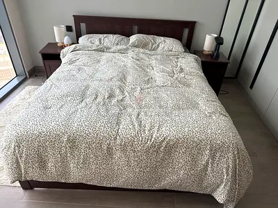 Queen Wooden Bed Frame with 2 Matching Nightstands (Dark Brown) with mattress