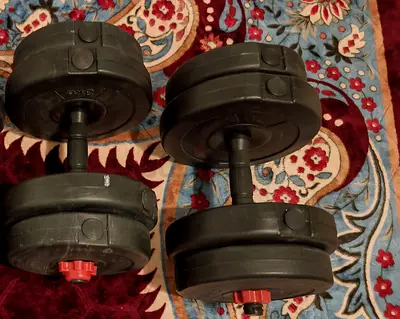 Adjustable Dumbbell Pair with Plastic Weight Plates — Good Working Condition