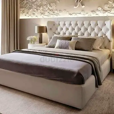 Queen upholstered bed with tufted headboard - beige