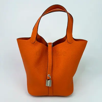 AUTHENTIC HERMÈS PICOTIN 22 IN ORANGE CLEMENCE LEATHER WITH PHW