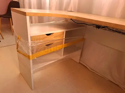 L-shaped wooden study desk with built-in drawers - lightly used