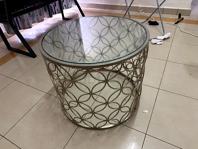 Glass Top Circular Side Table with Decorative Metal Base