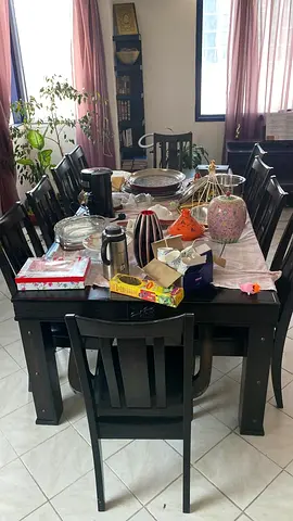 Solid Dark Wood Dining Table with 10 Chairs - Good Condition