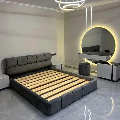 Modern Grey Upholstered Platform Bed Frame with Matching Nightstands  Vanity Set