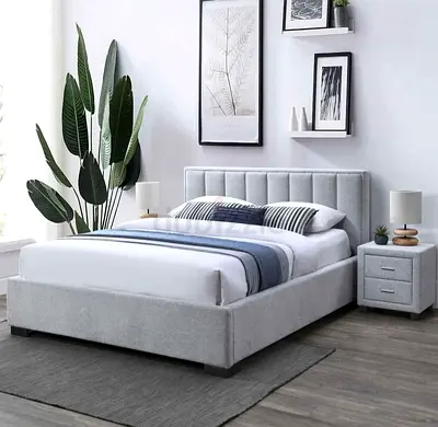 Upholstered King Bed Frame with Padded Headboard - Light Grey