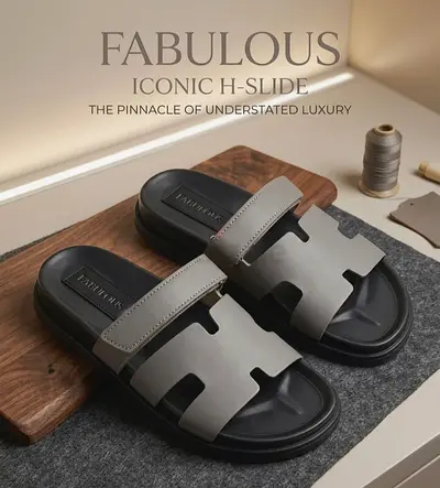 Fabulous Iconic H-Slide Mens Leather Sandals - Grey/Black, Excellent Condition