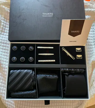 Tavato mens tie and accessories gift set — 3 ties, cufflinks, tie bars, pocket squares