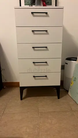 Premium: Modern 5-Drawer Tallboy - White with Black Accents - Excellent Condition