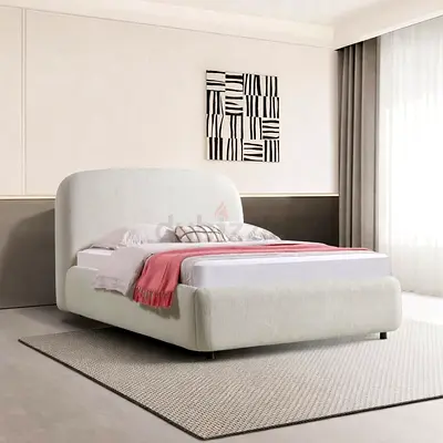 Modern upholstered double bed with curved headboard - cream